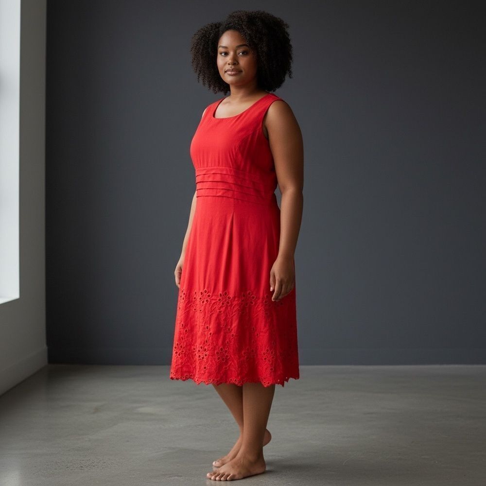 Red Linen Blend Midi Dress Sleeveless Fit & Flare Eyelet Hem Size 12